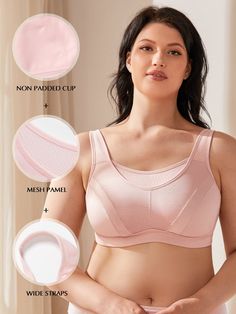 Product Details: 100% Nylon Imported Hook and Eye closure Design for full figure women with B-G cup size, suit for medium or high impact sports.Full coverage sports bra, offer high support and reduce bounce when working out. Wireless cups with no padding, breathable material gives you maximum comfort.bras for women wirefree have High performing moisture wicking fabrics to keep you cool. High Impact Sports Bra used Adjustable shoulder straps not only effectively prevent the bra from shifting, but also beautify your back curve. Lightweight mesh panel provides cooling ventilation and more coverage.Plus size bras suitable for running, gym workout, yoga, pilates, or daily activewear. Extra plush and adjustable hook & eye closure for superior comfort and custom feeling fit. Size options: For ful Bras Pink, Plus Size Bras, Plus Size Sports Bras, Closure Design, High Impact Sports Bra, Workout Yoga, Full Coverage Bra, Pink Bra, Mesh Panel