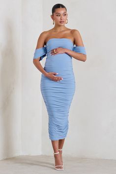 Plus One Powder Blue Maternity Ruched Bardot Midi Dress – Club L London - USA Ruched Midi Length Maternity Dress, Ruched Midi Maternity Dress, Fitted Maternity Midi Dress, Spring Party Maternity Dress With Ruched Details, Elegant Ruched Midi Dress For Maternity, Elegant Ruched Midi Maternity Dress, Ruched Maternity Midi Dress, Ruched Midi Dress For Maternity Wear, Elegant Ruched Maternity Dress With Stretch