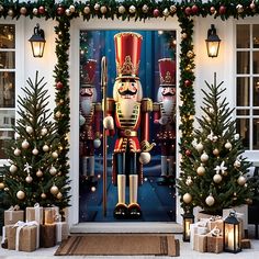 an image of a nutcracker door cover with christmas trees and presents around it