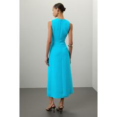 Blue crepe (100% Polyester). Sheath. Sleeveless. Crewneck. Back zipper closure. 52" from shoulder to hemline. Imported. Fitted Sleeveless Maxi Dress For Work, Formal Sleeveless Dress With Back Zipper, Formal Sleeveless Mini Dress With Back Zipper, Blue Summer Dress With Side Zipper, Spring Formal Sleeveless Dress With Back Zipper, Elegant Blue Sleeveless Dress For Work, Blue Sleeveless Dress With Side Zipper, Summer Formal Midi Dress With Back Zipper, Sleeveless Work Dresses With Side Zipper