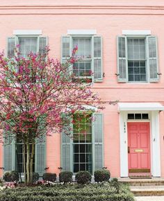 a pink house with green shutters and a tree in the front yard, surrounded by hedges