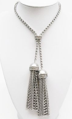 Finished in Antique silver tone, signed, Silver Metal Tassel Necklace For Party, Elegant Silver Metal Tassel Necklace, Metal Tassel Dangle Necklace, Silver Metal Tassel Necklace With Adjustable Chain, Silver Tassel Necklace With Adjustable Chain, Adjustable Metal Dangle Tassel Necklace, Adjustable Metal Tassel Dangle Necklace, Silver Metal Necklaces With Tassels, Silver Metal Tassel Necklace