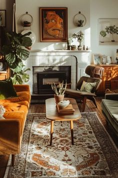 a living room filled with furniture and a fire place