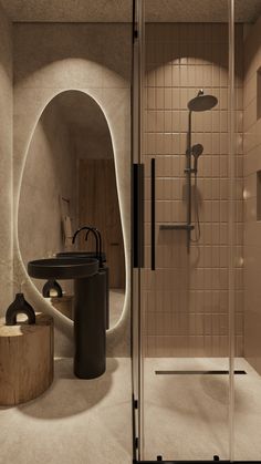 a bathroom with a sink, mirror and shower in it's center area is shown