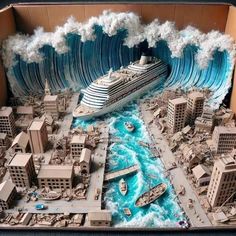 a paper model of a city with a large wave coming in from the ocean and boats on the water