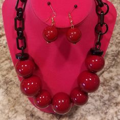 Wine Ball Necklace With Matching Earrings. Great Pop Of Color To Add To Your Jewelry Collection. Trendy Red Round Jewelry, Bold Jewelry With Matching Dangle Earrings, Trendy Red Dangle Jewelry, Trendy Red Jewelry With Matching Earrings, Trendy Red Jewelry Set With Matching Earrings, Butterfly Necklace Silver, Sand Dollar Pendant, Vintage Jewelry Repurposed, White Beaded Necklaces