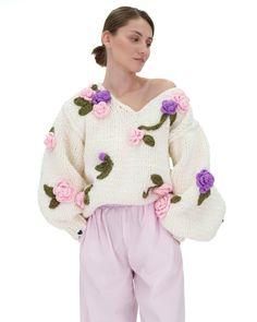 Flowers chunky sweater, a cozy-chic essential for your wardrobe. With signature balloon sleeves and intricate crochet flowers, this versatile piece adds flair to any outfit. Perfect for layering in colder seasons, it's a must-have for fashion-forward individuals seeking style and comfort. This is a 100% Handmade piece in Greece. Please note that this unique item is being knitted by order (after you place your order)  Our models height is 1,73cm in case you want to imagine the fit in your body sh Crochet Flower Sweater, Trendy Knit Sweaters, Balloon Sleeve Sweater, Intricate Crochet, Flower Sweater, Cozy Chic, Crochet Flower, Chunky Sweater, Balloon Sleeves