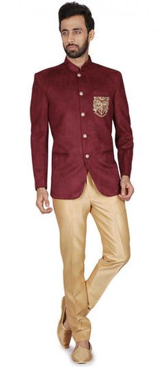 Red and Maroon color Jodhpuri Suit in Velvet fabric with Embroidered work Red Semi-stitched Suit For Formal Occasions, Red Unstitched Suit With Resham Embroidery For Formal Occasions, Red Ceremonial Salwar Kameez With Dabka Work, Ceremonial Red Salwar Kameez With Dabka Work, Formal Red Sets With Resham Embroidery, Red Nehru Jacket With Zari Work For Wedding, Red Traditional Wear With Dabka Work For Formal Occasions, Formal Red Traditional Wear With Dabka Work, Red Formal Traditional Wear With Dabka Work