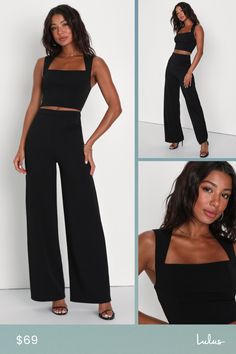 With a chic blazer, leather jacket, or coat, there's no end to how you could style the Lulus Enticing Endeavors Black Two-Piece Jumpsuit! This sleeveless jumpsuit is made from stretchy crepe knit with a square neckline and a princess-seamed seamed bodice. The matching bottoms feature a high, banded waist that tops classic, wide pant legs that fall to ankle-length hems. Hidden back zipper. Fit: This garment fits true to size. Length: Floor length. Size medium Inseam: 32.50 Front Rise: 12.25 Bust: Fitted Chic Pantsuit For Fall, Chic Fitted Pantsuit For Fall, Chic Solid Color Party Pantsuit, Elegant Solid Pantsuit For Night Out, Elegant Solid Color Pantsuit For Night Out, Sleek Evening Pantsuit For Spring, Chic Formal Pantsuit, Fitted Pantsuit For Night Out In Fall, Elegant Fall Pantsuit For Date Night