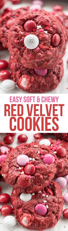 red velvet cookies with white chocolate chips on top and the words easy soft & chewy