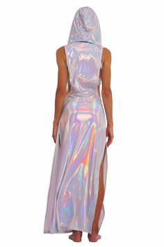 Step into the spotlight and unleash your inner goddess with the Atlantis holographic white maxi dress. Made with lightweight, prismatic spandex that gently hugs your curves and drapes beautifully, this dress shimmers and shines as you move, capturing everyone's attention. Whether you're dancing under the stars or soaking up the sun, this festival maxi dress is guaranteed to elevate your ethereal vibes. FEATURES: Maxi Length High side slits for ease of movement Cowl neck with voluminous hoodie Sl Diamond Suit, Holographic Dress, Festival Dresses, Holographic Fashion, Light Up Costumes, Rave Dress, Grecian Dress, Resort Wear Dresses, Rave Party