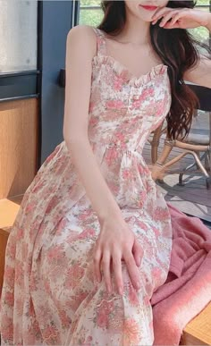 Beige Floral Sexy Summer Dress. It is sexy, comfy and classy. It is good for elegant ladies and seductive women. Cute Dress Floral, Everyday Wear Outfit, Free Style Dress Summer Outfits, Korean Midi Dress Outfit, Beautiful Feminine Dresses, Summer Frocks For Women Floral Dresses, Summer Dresses Korean Style, Pink Dresses Summer, Seductive Dresses Short