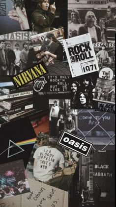 collage of black and white photos with the word nirvana on them