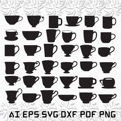 coffee cups silhouettes are shown in black and white, as well as the letters