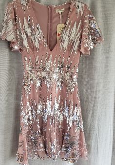 Southern Fried Chics Country Rose Dress. New With Tags Spring Pink Sequined Dress, Blush Mini Dress For Party, Feminine Rose Mini Dress For Party, Blush Mini Dress For Spring Party, Blush Dress For Summer Party, Blush Summer Party Dress, Blush Party Dress For Summer, Rose Summer Party Dress, Summer Party Blush Dress