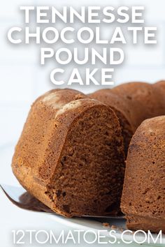 a close up of a bundt cake on a plate with the words, tennessee chocolate pound cake