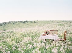 a table and chairs in the middle of a field with white flowers on top of it