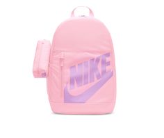 100% polyester construction, Top carry handle and adjustable padded shoulder straps, Large main compartment with dual zipper closure, Small front pocket with side access and zipper closure, Side mesh pocket ideal for water bottles, Includes detachable pencil case, Approx. 11 1/2 inches W x 16 1/2 inches H x 4 inches D, Nike® branding details | Nike Youth Elemental Backpack in Soft Pk Fuchsia Nike Bookbag, Mochila Nike, Backpack Ideas, Spy Gear, Nike Backpack, Stylish School Bags, Nike Bags, Book Bags, Nike Accessories