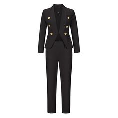 Black Ol Button Blazer and Pants Set Double-breasted Office Sets With Buttons, Fall Workwear Sets With Buttons, Classic Black Sets With Buttons, Chic Office Sets With Buttons, Double-breasted Fall Pantsuit With Buttons, Fall Double-breasted Pantsuit With Buttons, Double-breasted Business Casual Pantsuit With Buttons, Chic Tailored Sets With Buttons, Fall Business Casual Pantsuit With Buttons