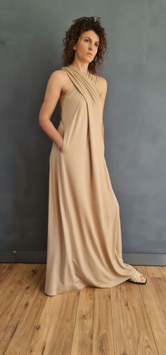 Beige Maxi Dress, Draped Maxi Dress, Long Maxi Dress ✥ SHIPPING Standard Shipping up to 14 business days depending on your location Express shipping Upgrade Avaiable : 2-3 biz days via DHL Worldwide ✥ SIZING The model in the picture wears size M. Height: 5'9" and weigh 60 kg. Available sizes: XS - 3XL Please, refer to my Size Chart below to find your perfect size match!  Keep in mind that each height can be adjusted to yours!   I'll be happy to make the item per your body measurements - just lea Beige A-line Sundress Maxi Dress, Beige Stretch V-neck Maxi Dress, Beige Stretch Maxi Dress With V-neck, Summer Draped Beige Dresses, Beige Draped Summer Dress, Beige Long Sundress, Beige A-line Maxi Sundress, Beige Maxi Dress, Best Cardigans