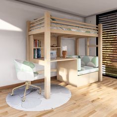 a loft bed with desk underneath it in a room that has wood flooring and white walls