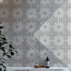 a bath tub sitting under a bathroom window next to a potted plant in front of a tiled wall