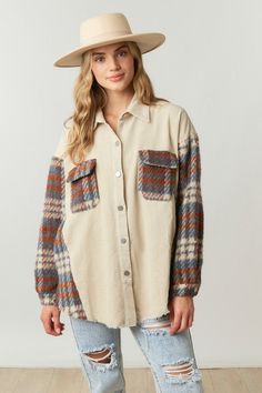 Fantastic Fawn Sand corduroy and flannel plaid colorblock jacket Trendy Plaid Cotton Outerwear, Fall Plaid Cotton Shacket, Fall Cotton Shacket, Plaid Patchwork Button-up Outerwear, Cotton Shacket For Fall, Trendy Plaid Cotton Shacket, Trendy Shacket With Corduroy Collar For Fall, Plaid Patchwork Outerwear For Fall, Fall Plaid Patchwork Outerwear