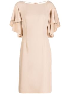 draped-detail satin-finish dress from PAULE KA featuring almond beige, satin finish, draped detailing, ruffled detailing, scoop back, round neck, flutter sleeves, straight hem and above-knee length. Elegant Silk Midi Dress With Pleated Sleeves, Elegant Beige Draped Dress, Elegant Dress With Cape Sleeves, Elegant Dress With Draped Short Sleeves, Feminine Formal Midi Dress With Flutter Sleeves, Formal Feminine Midi Dress With Flutter Sleeves, Formal Cape Sleeve Dress With Ruffles, Formal Ruffle Dress With Cape Sleeves, Elegant Summer Dress With Cape Sleeves