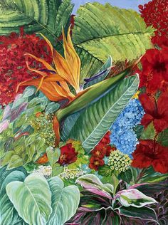 a painting of colorful flowers and plants