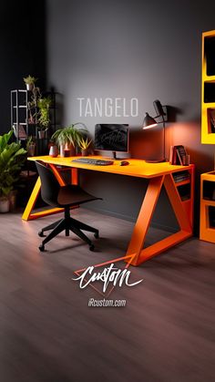 an office with orange and black furniture in the background, there is a sign that says tangelo