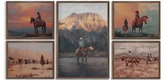 four paintings of people riding horses in the desert