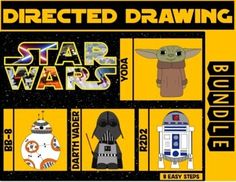 the star wars character poster is shown in yellow, black and white colors with instructions for how to draw it