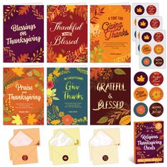 thanksgiving greeting cards and envelopes with autumn leaves, pumpkins, and other decorations