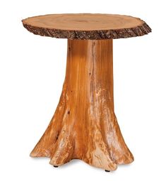 a wooden table with a tree stump base