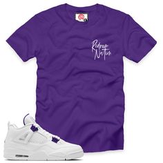 "Metallic Purple 4 Redrum Nation T-Shirt with print on a premium 100% cotton true to size regular classic fit available in purple / white short sleeve t-shirt design for the Air Jordan 4 Retro \"METALLIC PURPLE\" 2020. Wear this comfortable short sleeve T-shirt on any occasion. (sneakers shown not included) REDRUM CLOTHING is a independent sneaker based lined to compliment all Jordans/Foamposite or any shoe we do not have any affiliation with Air Nike/Jordan brand. True to size Regular fit T-shi Jordan 4 Retro Metallic Purple, Air Nike, All Jordans, Shirt Outfit Men, Air Jordan 3 Retro, Purple Outfits, Jordan 4 Retro, Purple T Shirts, Air Jordan 4