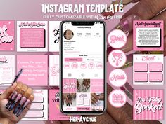 the instagram template is displayed with pink and black nail polishing products on it