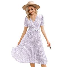 Step into summer with elegance in the WhizMax Women's Floral Wrap V-Neck Midi Dress. This charming dress is perfect for a variety of occasions, from beach outings to weddings, ensuring you look stylish wherever you go.

- Material: Soft, breathable fabric ideal for warm weather
- Features: Wrap V-neck, pleated details, short puff sleeves, elastic high waist, A-line silhouette, elegant hem, and includes a belt
- Color: Purple
- Size: 2XL
- Gender: Female

Designed with a flowy A-line cut and shor Vacation V-neck Pleated Midi Dress, Summer Brunch V-neck Dress With Short Sleeves, Summer Pleated V-neck Dress With Short Sleeves, Feminine White V-neck Beach Dress, Pleated V-neck Midi Dress For Vacation, V-neck Pleated Midi Dress For Vacation, Elegant Midi Dress For Beach Season, Elegant Flowy V-neck Dress For Vacation, Elegant Flowy V-neck Dress For The Beach