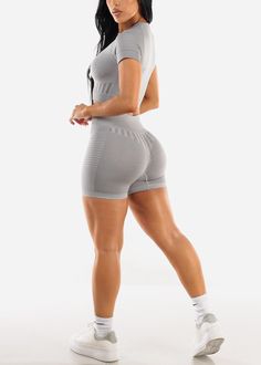 Grey Matching Workout Set w Scrunch Shorts (2pc Set) Matching Workout Set, Scrunch Shorts, Style Shorts, Workout Sets, High Point, Waist Length, Pull Up, Pull Ups, Grey Color