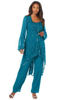 Made of lightweight georgette, this three-piece ensemble is embellished with beading on the top, jacket and pant. Scoop neck. Wide-leg pants with an elastic waist. Open-front jacket. Jacket: 40" length; Top: 28" length; Pants: 30" inseamPetite Jacket: 40" length; Top: 27" length; Pants: 29" inseamPoly georgetteDry cleanImported Customers also love our Three-Piece Lace Duster & Pant Suit. Click here to shop! Customers also love our Lace Popover Dress. Click here to shop!Customers also love our Vi 2 Piece Mother Of The Groom Dresses, Elegant Pant Suits For Women, Grandmother Of The Bride Pant Suits, Mother Of The Bride Plus Size Pant Suits, Dressy Pants Outfits For Wedding, Mother Of The Bride Pants Outfit, Wedding Trouser Suits, Formal Pant Suit, Dressy Pant Suits