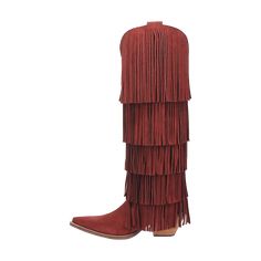 Free-spirited in design, the Wild Child boot features five cascading layers of fringe, creating a dynamic, textured look. Standing tall at 16 inches, it boasts a snip toe, a cushioned comfort insole, and a 2 ½ inch fashion heel. Available in a range of colors from classic neutrals like black, brown, and rust, to vibrant options like burgundy, green, white and purple, it perfectly combines bohemian charm with contemporary fashion. Bohemian Suede Boots With Fringe, Dingo Fringe Boots, Brown Leather Fringe Boots, Western Red Knee-high Boots, Brown Fringe Winter Boots, Fringe Boots, Wild Child, Fashion Heels, Stand Tall