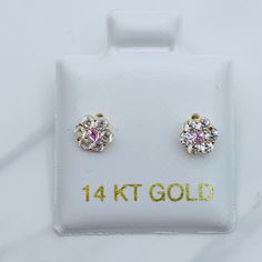 Beautiful 14k Gold Earrings Flower Studs Pink And White Flower Cubic Zirconia Approximately 5mm Girl Or Women Earrings Aretes De Nia O Mujer Aretes De Nia De Oro De 14 Kilates Dormilona De Tornillo Flor En Color Blanco Y Rosa White 14k Gold Flower-shaped Earrings, White Flower Cluster Earrings In Cubic Zirconia, Pink Flower Jewelry With Prong Setting, Pink Round Flower Earrings For Anniversary, Pink Flower Earrings For Anniversary, Light Pink Earrings, Pearl Cluster Earrings, Wood Dangle Earrings, Pink And