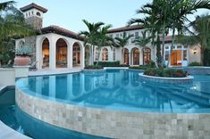 an outdoor swimming pool surrounded by palm trees and other greenery in front of a large home