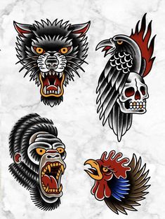 four different types of tattoos on a white background with red and blue accents, including an eagle