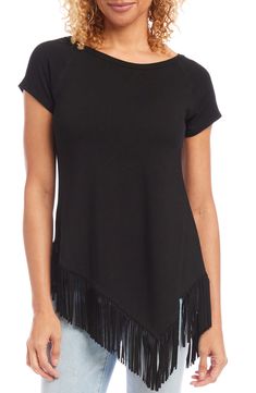 This longline top is updated with abbreviated raglan sleeves and an angled fringed hem. 23 1/2" length to 28" length (size Medium) Boat neck Short sleeves 92% rayon, 8% spandex Dry clean or hand wash, line dry Made in the USA Angled Fringe, Black Fringe Top, Lace Bell Sleeve Top, Fringe Top, Pretty Top, Karen Kane, Hem Top, Jersey Top, Boat Neck