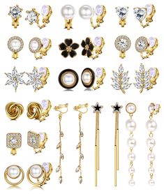 PRICES MAY VARY. 【Clip On Earrings Set】Comes with 15/13 pairs of gold clip on earrings in a set, including 12/9 pairs cute clip earrings and 3/4 pairs dangle clip on earrings in different designs, from simple to complex, from elegant to personalized, fancy design to meet your diverse wear needs, makes a difference every day. 【Non Pierced Design】Gold clip on earrings for women specially designed for non pierced ears or who like clip on earrings,neither too loose nor too tight, can stay on your ea