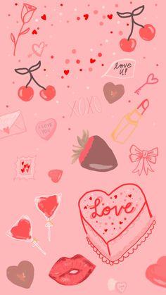 valentine's day wallpaper with hearts, kisses and lollipops on it