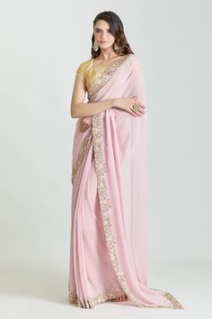 Baby pink georgette saree with floral zardozi embroidery on the borders. - Aza Fashions Border Work Saree, Ridhi Mehra, Halter Neck Blouses, Saree And Blouse, Zardozi Work, Crepe Saree, Embroidered Border, Net Saree, Circular Pattern