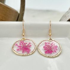 Magenta Queen Annes Lace Earring Flower Gift for Her - Etsy Rose Gold Flower Charm Earrings, Rose Gold Round Flower Charm Earrings, Rose Gold Pressed Flower Earrings, Round Rose Gold Flower Charm Earrings, Rose Gold Flower Earrings With Pressed Flowers For Gift, Rose Gold Flower Earrings With Pressed Flowers, Rose Gold Pressed Flower Earrings Gift, Hypoallergenic Round Rose Gold Flower Earrings, Pink Gold Flower Earrings As Gift