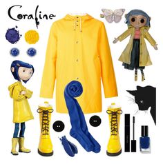 a yellow raincoat, blue boots and other items are arranged on a white background