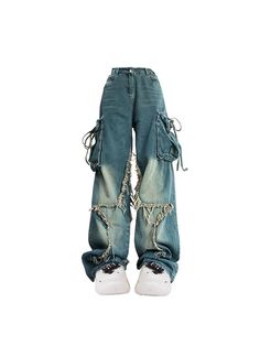 These Pants feature a large raw edge design that connects both legs to form a full star. The faded color and large cargo pockets add a bold and edgy look. Loose fit Elastic waist with belt hoops Fits true to size (U.S. women's size) Distressed High-waist Streetwear Pants, Distressed High Waist Pants For Streetwear, Distressed High-waist Pants For Streetwear, High Waist Grunge Cargo Jeans, Edgy Baggy High-waist Cargo Jeans, Edgy High Waist Baggy Cargo Jeans, Baggy Distressed Wide Leg Cargo Pants, Baggy Wide Leg Distressed Cargo Pants, Distressed Baggy Wide Leg Cargo Pants